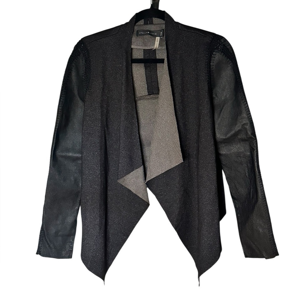 Stella Jamie Jacket Open Asymmetric Hem Crochet Drape Leather Sleeve Size Large - Picture 1 of 6